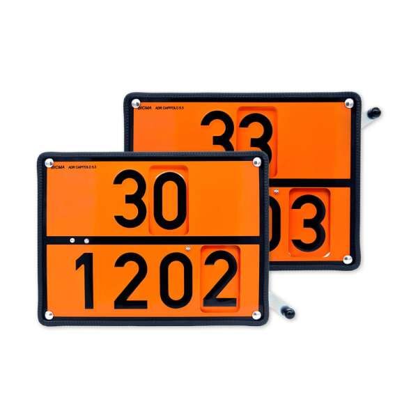 Zwei orange ADR-Zweistofftafeln mit wechselbaren Ziffern 30/1202 und 33/1203