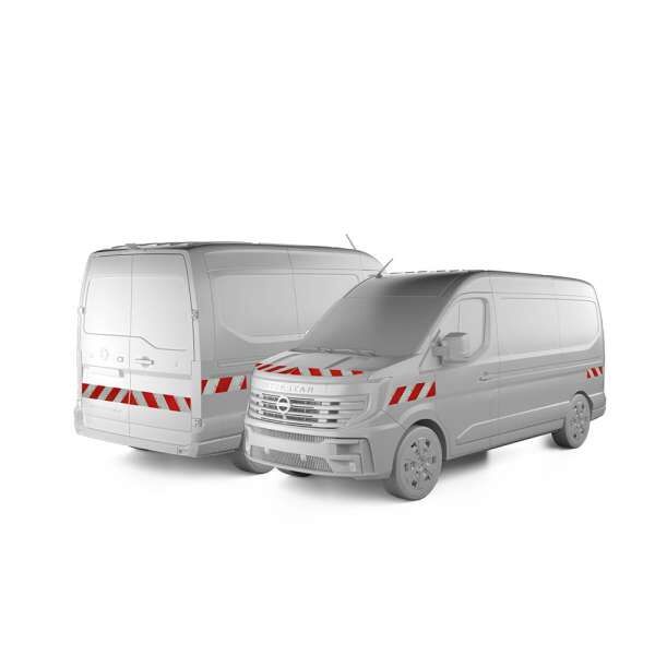 Nissan Interstar in Front- und Heckansicht mit Komplettwarnmarkierungssatz, Baujahr 2024