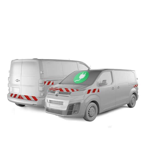 Citröen E-Jumpy in Front- und Heckansicht mit Komplettwarnmarkierungssatz, Baujahr 2024