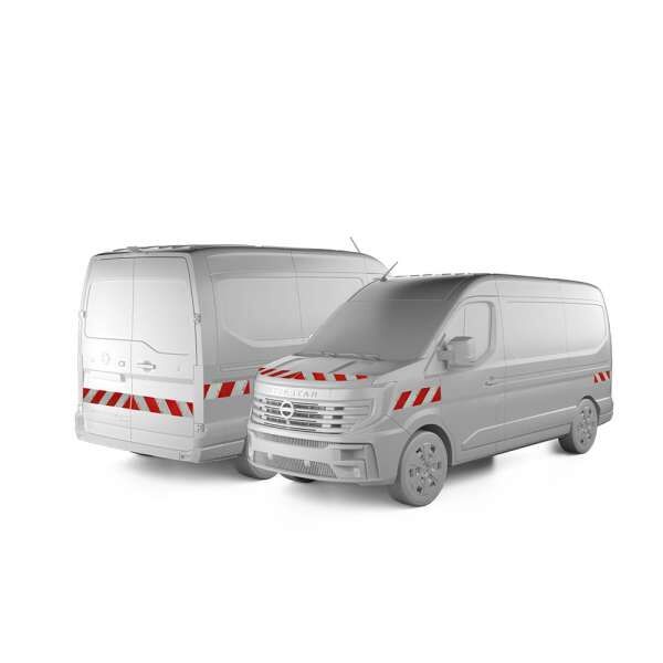 Nissan Interstar-e in Front- und Heckansicht mit Komplettmarkierungssatz, Baujahr 2024